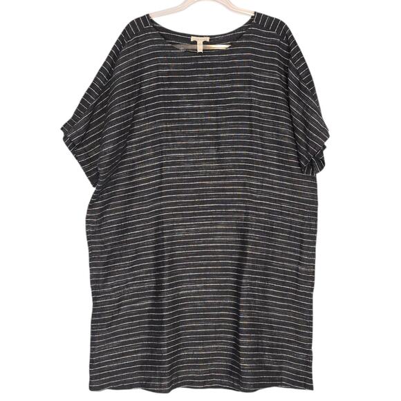 Eileen Fisher Organic Linen Delave Stripe Tunic Dress Graphite Scoop Neck XL NEW - Picture 1 of 9